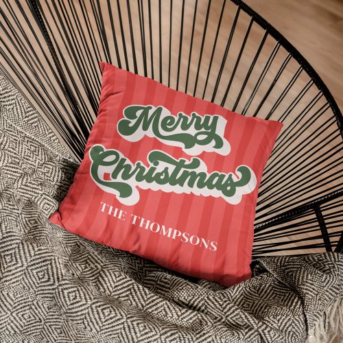 Merry Christmas Red Green Whimsical Retro Throw Pillow