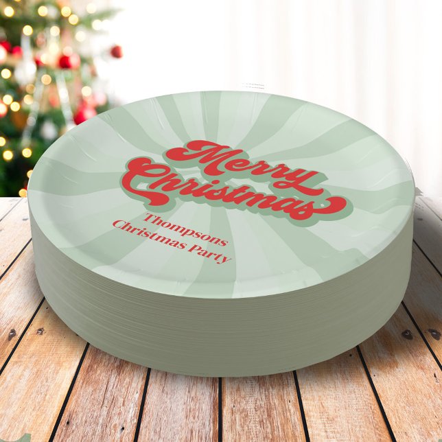Merry Christmas Red Green Whimsical Typography Paper Plates (Merry Christmas cute retro style calligraphy script paper plate.)