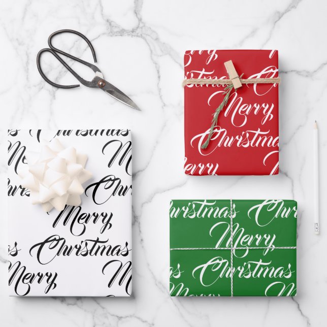 Merry Christmas red green white elegant script  Wrapping Paper Sheets (Front)