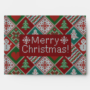 Merry Christmas Red Green White Faux Knit Pattern Envelope