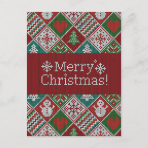 Merry Christmas Red Green White Faux Knit Pattern  Postcard