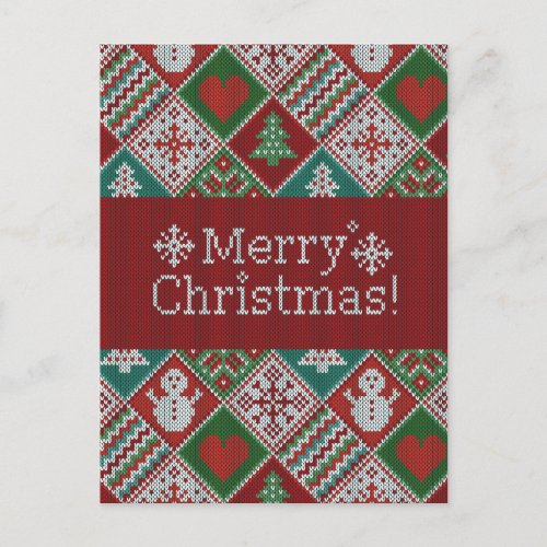 Merry Christmas Red Green White Faux Knit Pattern  Postcard