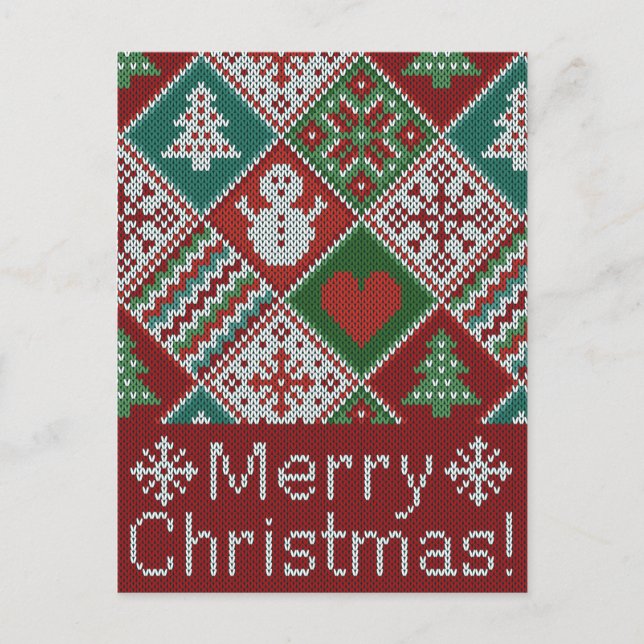 Merry Christmas Red Green White Faux Knit Pattern Postcard (Front)