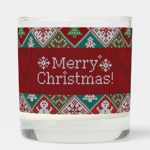 Merry Christmas Red Green White Faux Knit Pattern Scented Candle