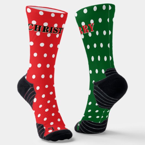 Merry Christmas Red Green White Polka Dots Socks