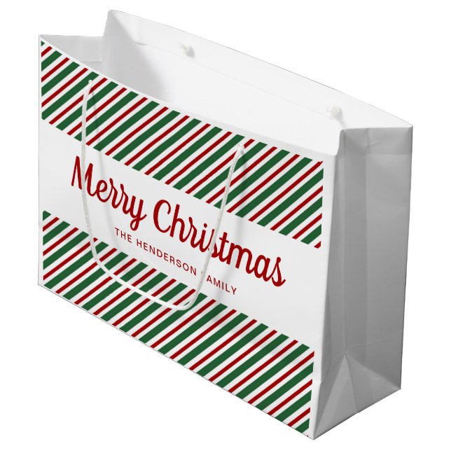 Merry Christmas Red Green White Striped Pattern  Large Gift Bag (Front Angled)
