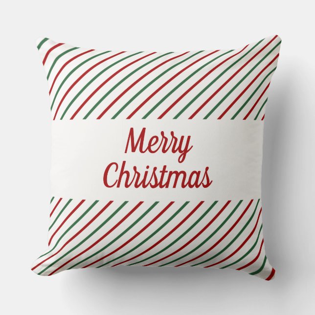 Merry Christmas Red Green White Striped  Throw Pillow (Front)