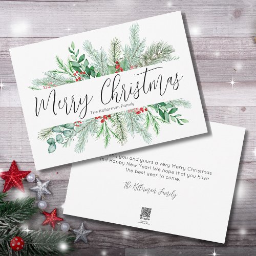 Merry Christmas Red Greenery Berries Holiday Card