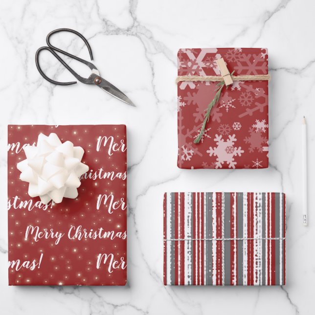 Merry Christmas Red Grey Winter Wrapping Paper Sheets (Front)
