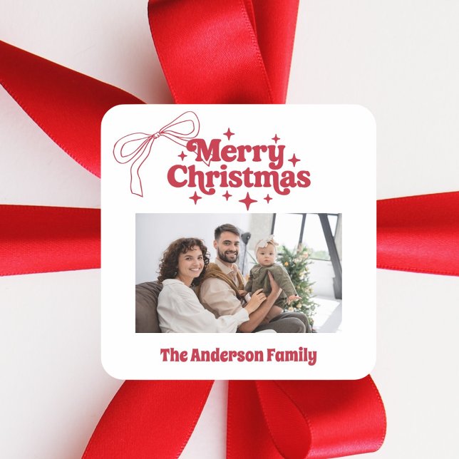 Merry Christmas red hand-drawn bow retro photo Square Sticker (Creator Uploaded)
