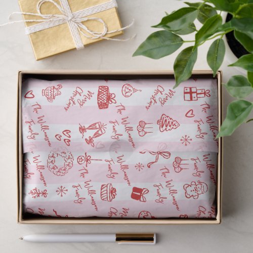 Merry Christmas Red Hand Drawn Doodle Stripes Name Tissue Paper