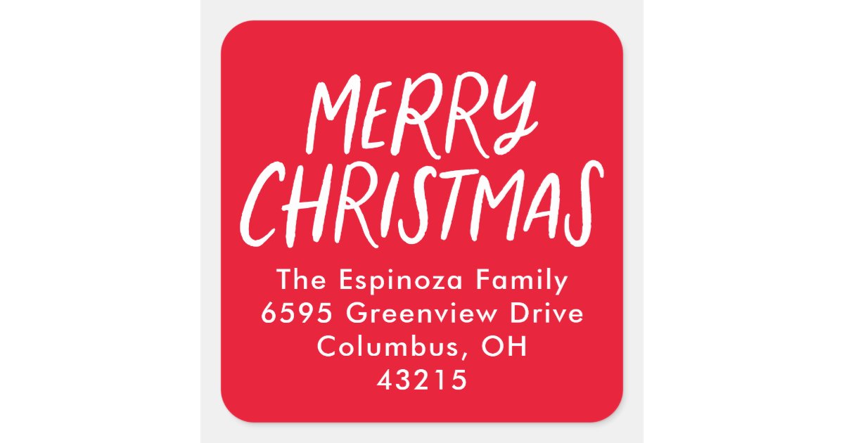 Red Return Sticker Merry Christmas red handlettered return address Square Sticker | Zazzle