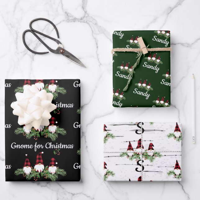 Merry  Christmas Red Hat Buffalo Plaid Gnomes Wrapping Paper Sheets (Front)