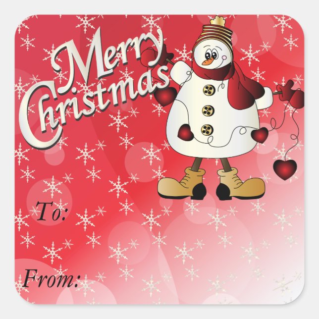Merry Christmas Red Heart Snowman Square Sticker (Front)
