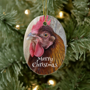 Merry Christmas Red Hen Chicken Holiday Ceramic Ornament