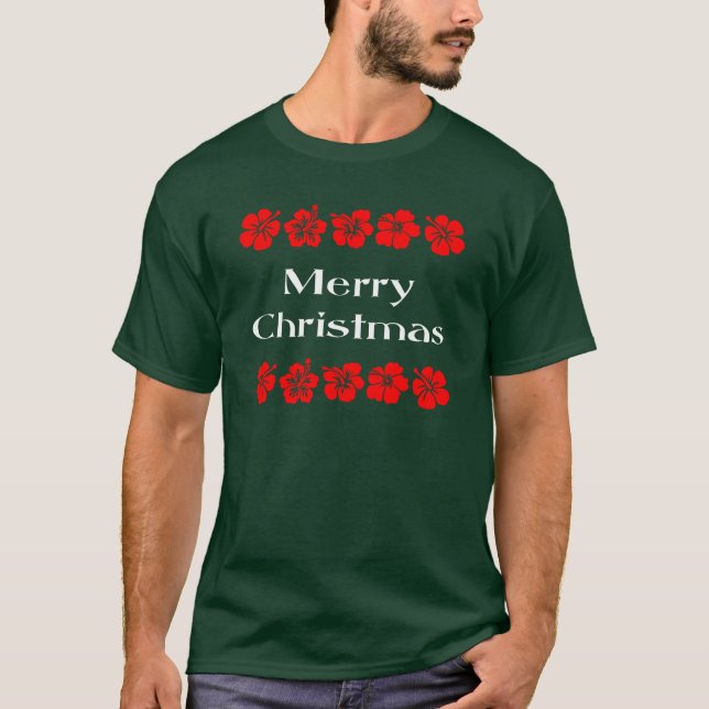 Merry Christmas Red Hibiscus Hawaiian T-Shirt (Front)