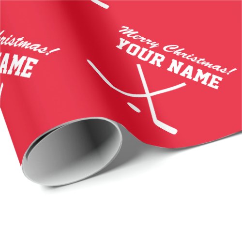 Merry Christmas red hockey player sports Wrapping Paper