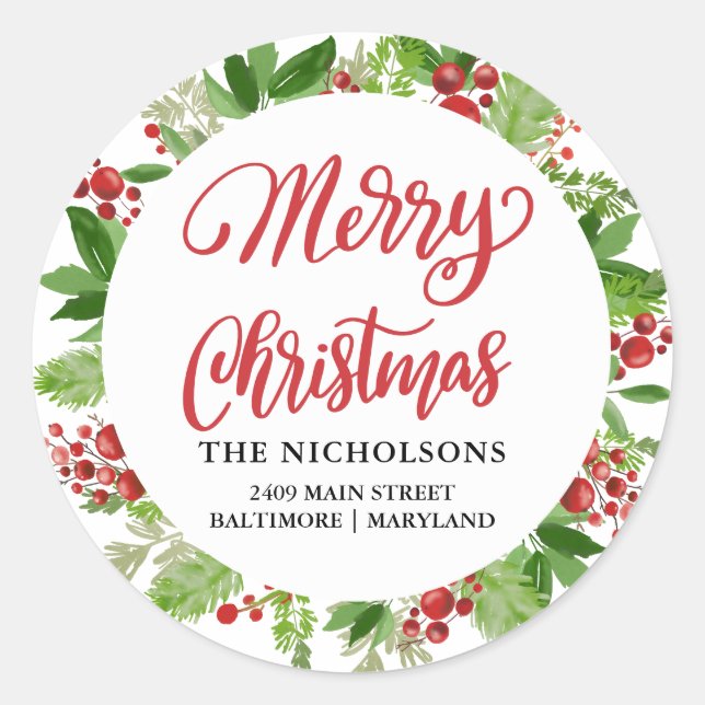 Merry Christmas Red Holiday Wreath Script Classic Round Sticker (Front)