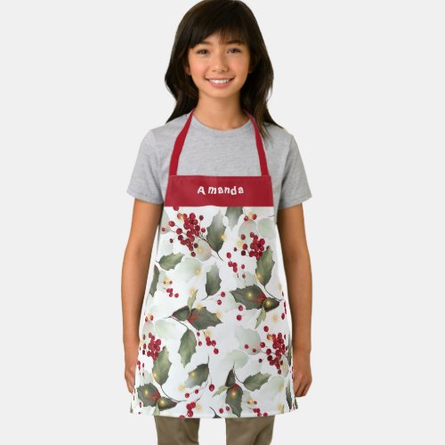 Merry Christmas Red Holly Berries Gold Lights  Apron