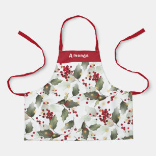 Merry Christmas Red Holly Berries Gold Lights Apron