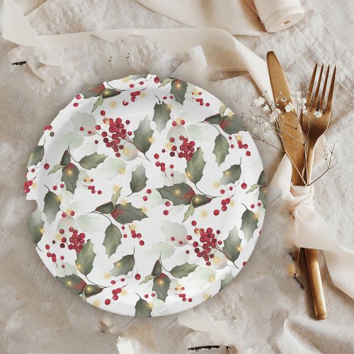 Merry Christmas Red Holly Berries Gold Lights  Paper Plates