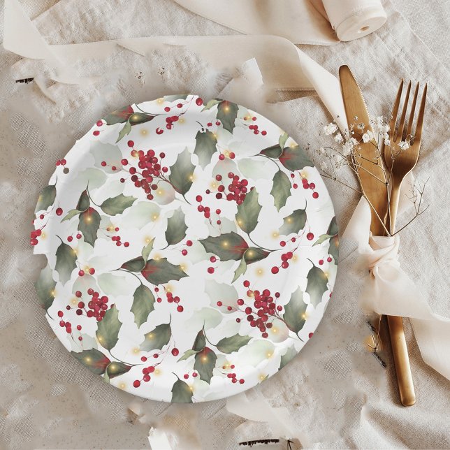 Merry Christmas Red Holly Berries Gold Lights  Paper Plates (Creator Uploaded)