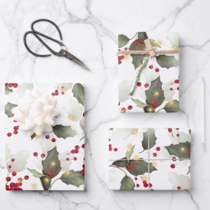 Merry Christmas Red Holly Berries Gold Lights  Wrapping Paper Sheets