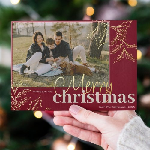Merry Christmas Red Holly Berry Gold Custom Photo Foil Holiday Card
