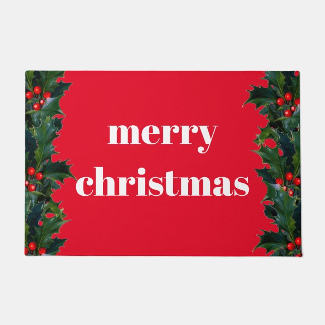 Merry Christmas Red Holly Border Welcome Mat (Front)