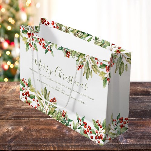Merry Christmas Red Holly Greenery Custom Large Gift Bag