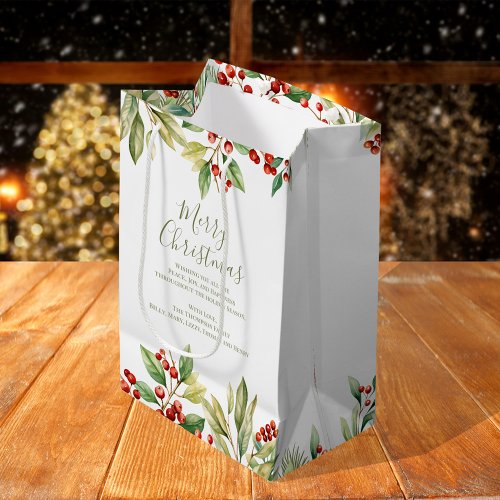 Merry Christmas Red Holly Greenery Custom Medium Gift Bag