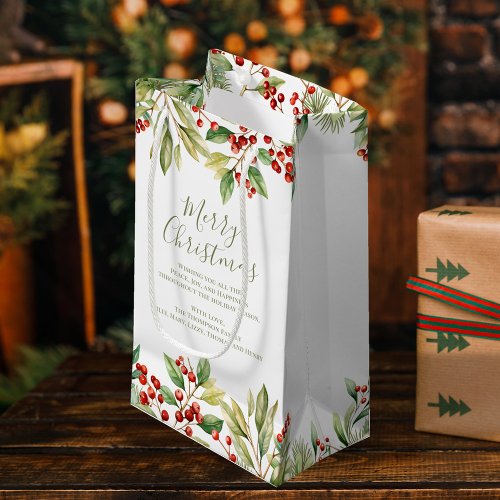 Merry Christmas Red Holly Greenery Custom Small Gift Bag