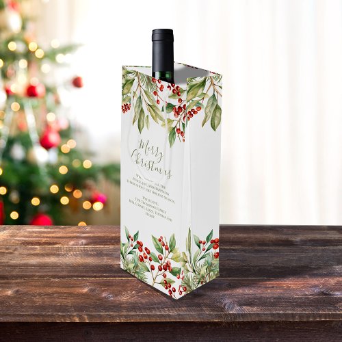 Merry Christmas Red Holly Greenery Custom Wine Gift Bag