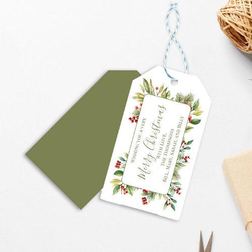 Merry Christmas Red Holly Greenery  Gift Tags