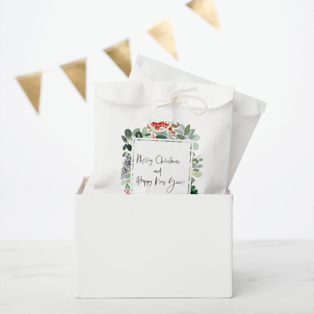 Merry Christmas Red Holly Modern Script  Favor Bag (Party)