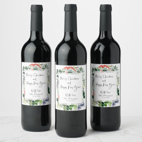 Merry Christmas Red Holly Modern Script  Wine Label