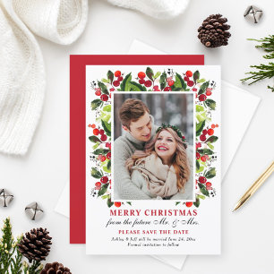 Merry Christmas Red Holly Wedding Save the Date Holiday Card