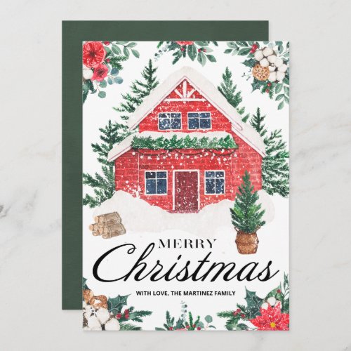 Merry Christmas Red House Snowy Pine Forest Holiday Card