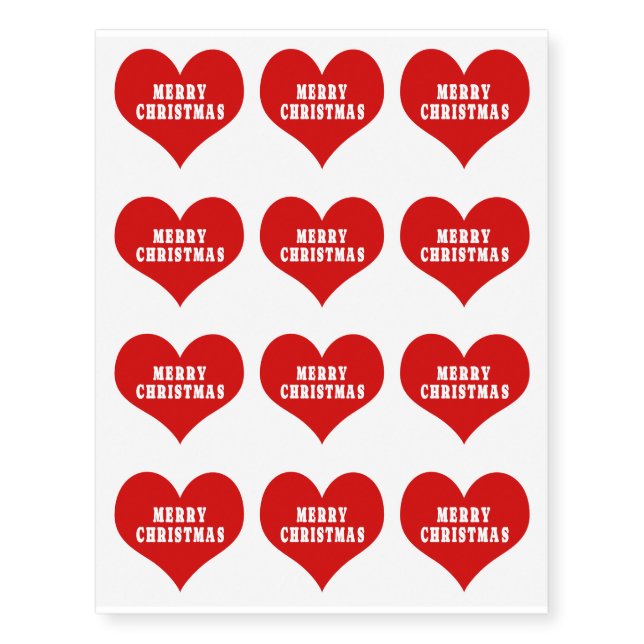MERRY CHRISTMAS Red Love Heart Temporary Tattoos (Front)