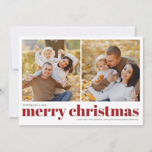 Merry Christmas Red Minimalist 2 Photo Christmas Holiday Card