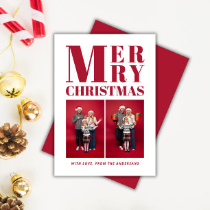 Merry Christmas Red Minimalist Two Photo Holiday Card