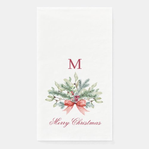 Merry Christmas Red Monogram Greenery Paper Guest Towels