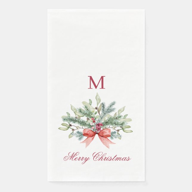 Merry Christmas Red Monogram Greenery Paper Guest Towels (Front)