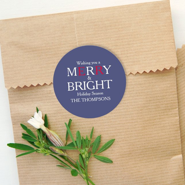 Merry Christmas Red Navy Blue Simple Minimalist  Classic Round Sticker (Simple navy-blue gift label sticker with white and red color theme. )