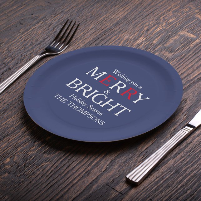 Merry Christmas Red Navy Blue Simple Minimalist  Paper Plates (Wishing you a Merry and Bright Holiday Season, customized with your name. )