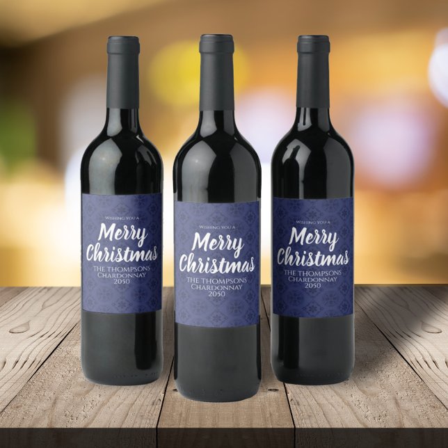 Merry Christmas Red Navy Blue Simple Snowflake Wine Label (Creator Uploaded)