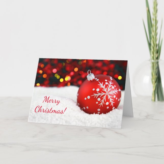 Merry Christmas Red Ornament in Snow Holiday Card (Front)