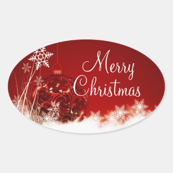 Merry Christmas Red Ornament Snowflake Oval Seal by UniqueChristmasGifts at Zazzle
