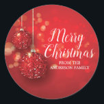 Merry Christmas Red Ornament Sticker<br><div class="desc">Elegant modern Merry Christmas red glitter ornament set on a red bokeh background Sticker a beautiful handwritten font!   tchristmas lights.</div>