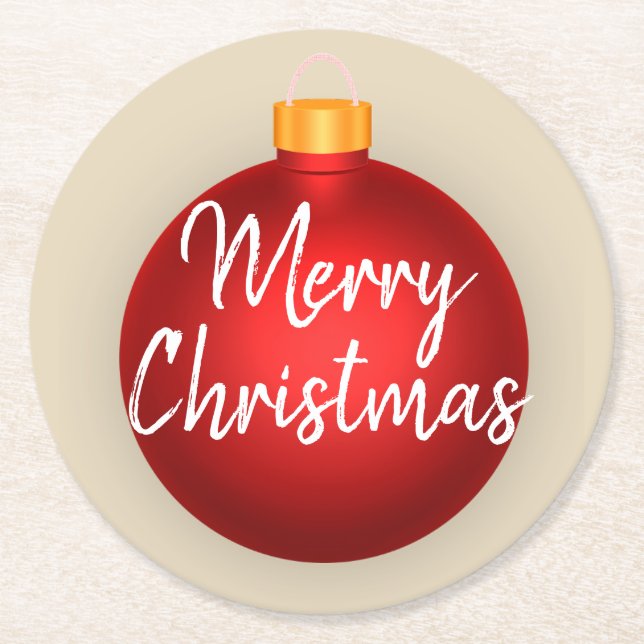 Merry Christmas Red Ornament & Taupe Round Paper Coaster (Front)